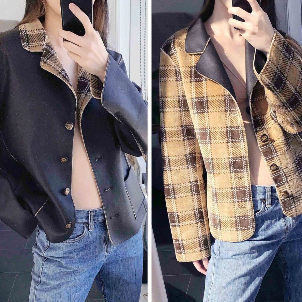 Reversible double sided faux leather jacket / Plaid checkered flannel jacket coa